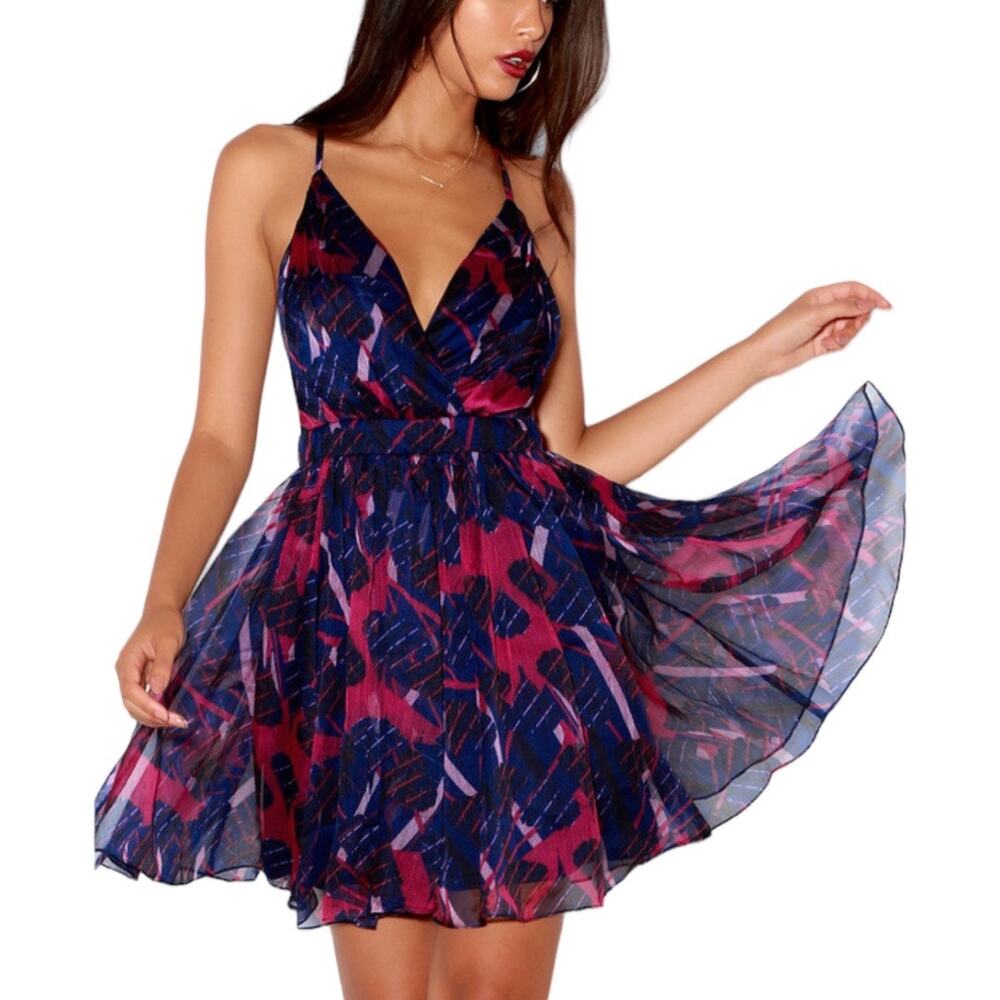 Lulu’s Navy Pink Print Spaghetti Straps Skater Dress M